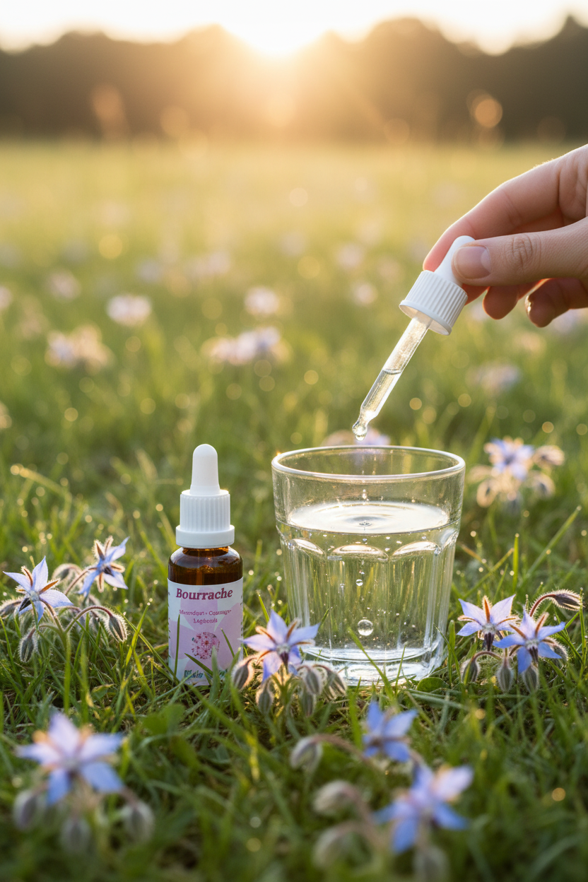 Élixir Floral de Bourrache – gouttes dans un verre d'eau en prairie