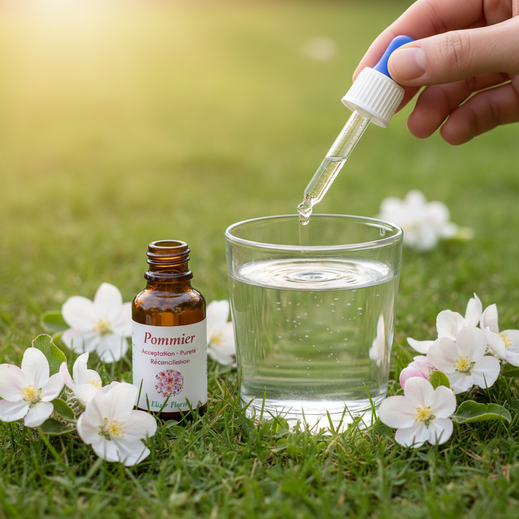 Élixir Floral de Pommier Sauvage – utilisation pipette au-dessus d'un verre d'eau