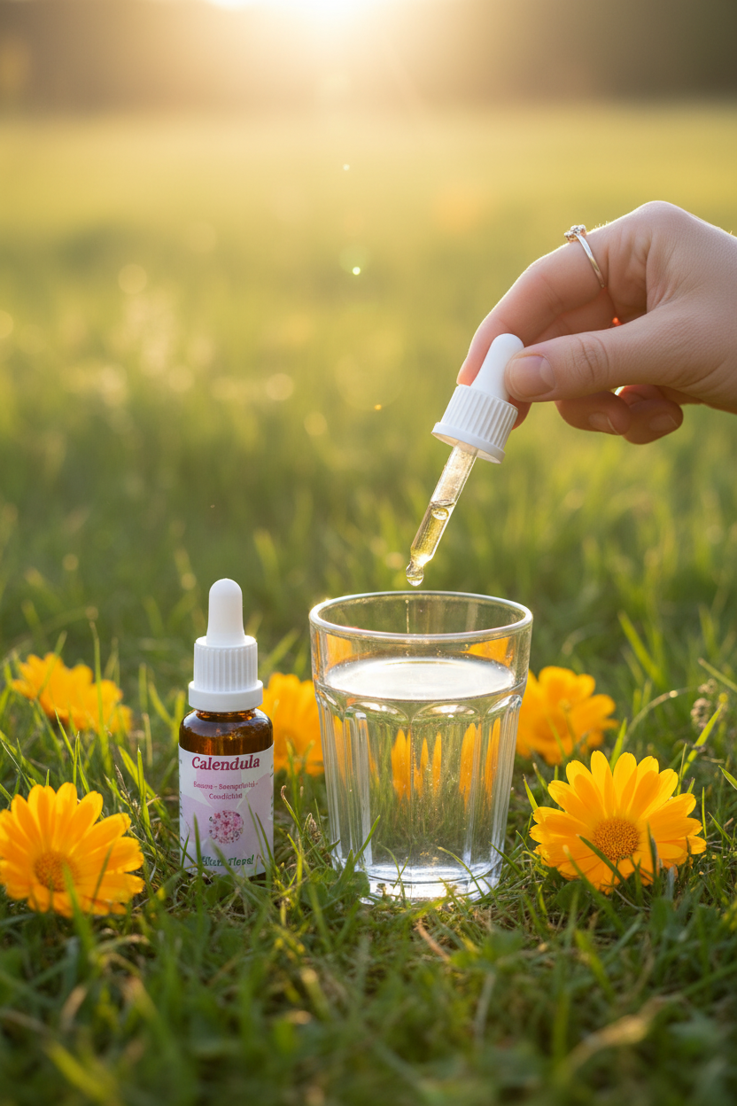 Élixir Floral de Calendula – gouttes dans un verre d'eau en prairie