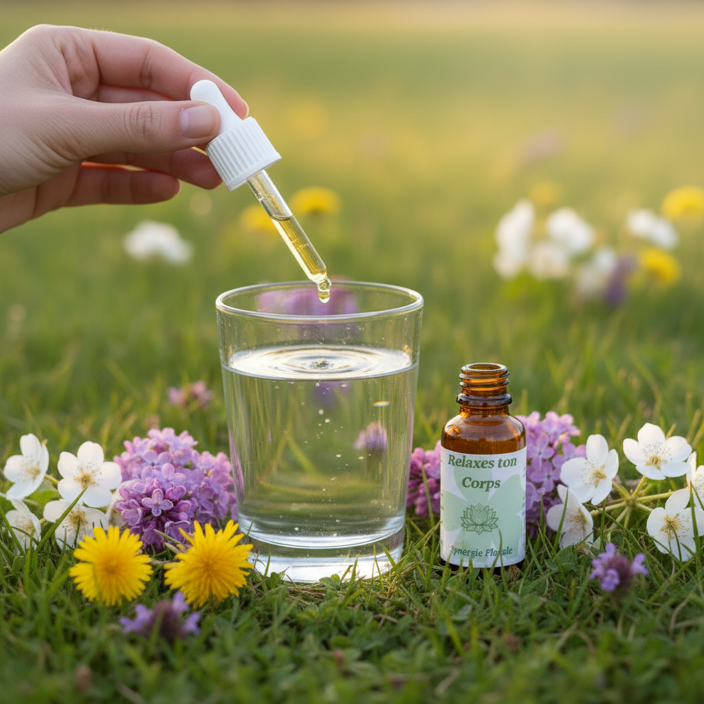 Utilisation Relaxes ton Corps – pipette et fiole dans un verre d’eau dans la prairie – Arom’Elia