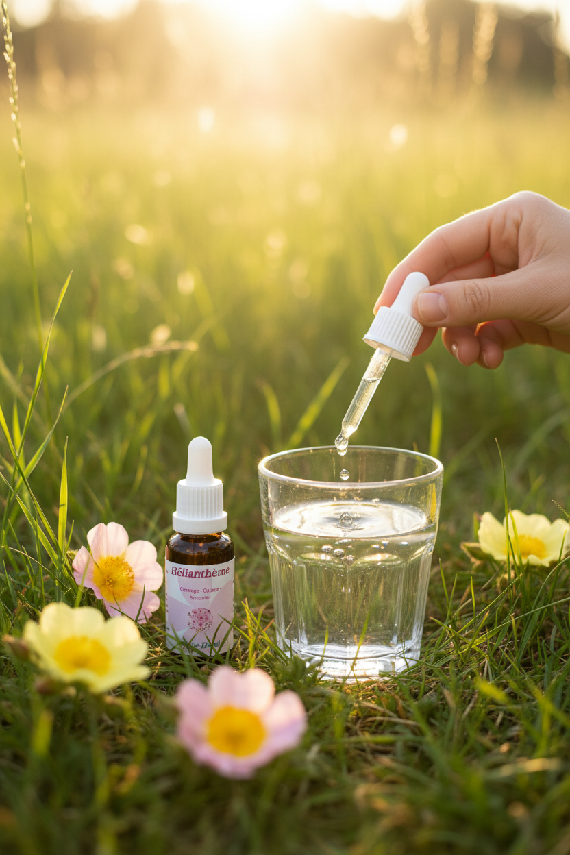 Élixir Floral d'Hélianthème – gouttes dans un verre d'eau en prairie