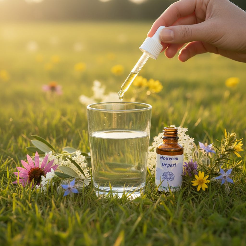 Utilisation Nouveau Départ – pipette et fiole dans un verre d’eau dans la prairie – Arom’Elia