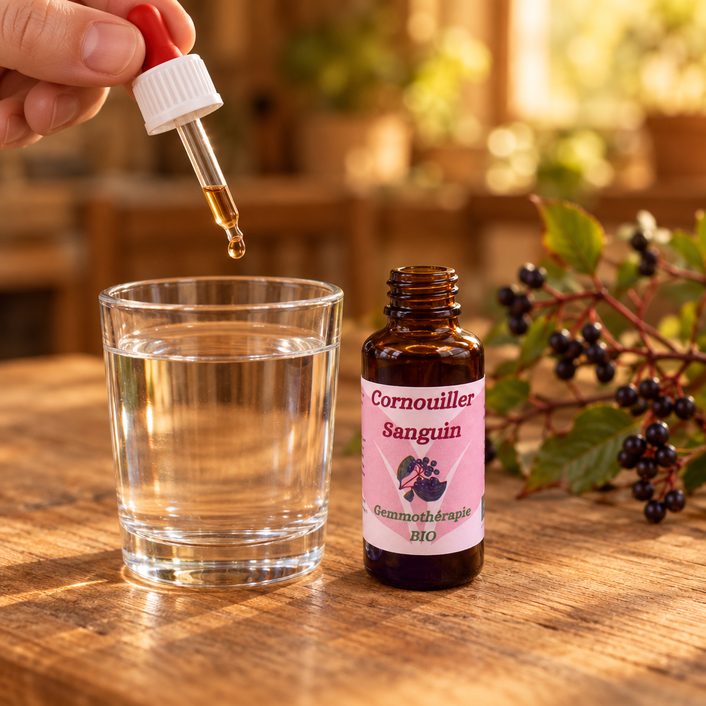 Main tenant une pipette de Cornouiller sanguin avec une goutte de liquide ambré clair au-dessus d’un verre d’eau limpide dans une cuisine en bois
