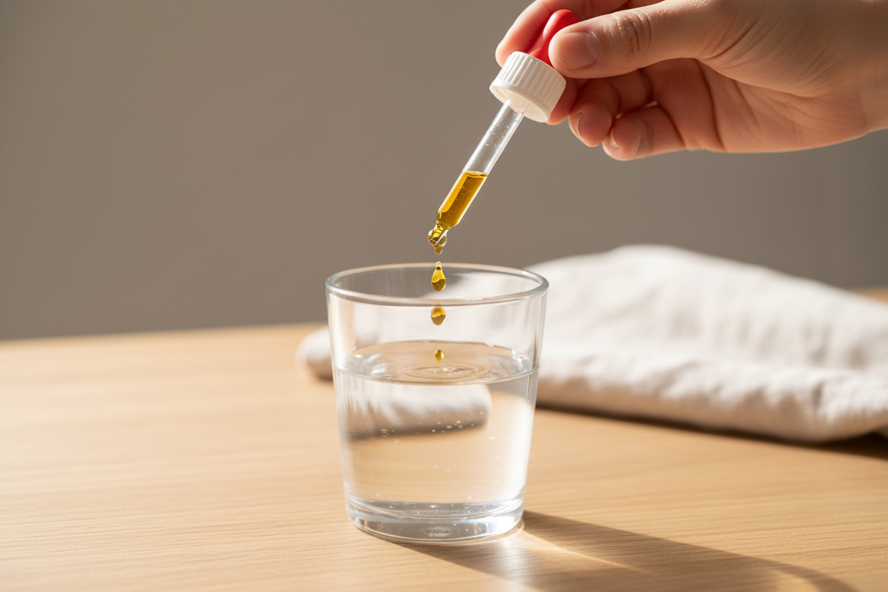 Synergie Cheveux & Peau — pipette compte-gouttes ambrée dans un verre d'eau