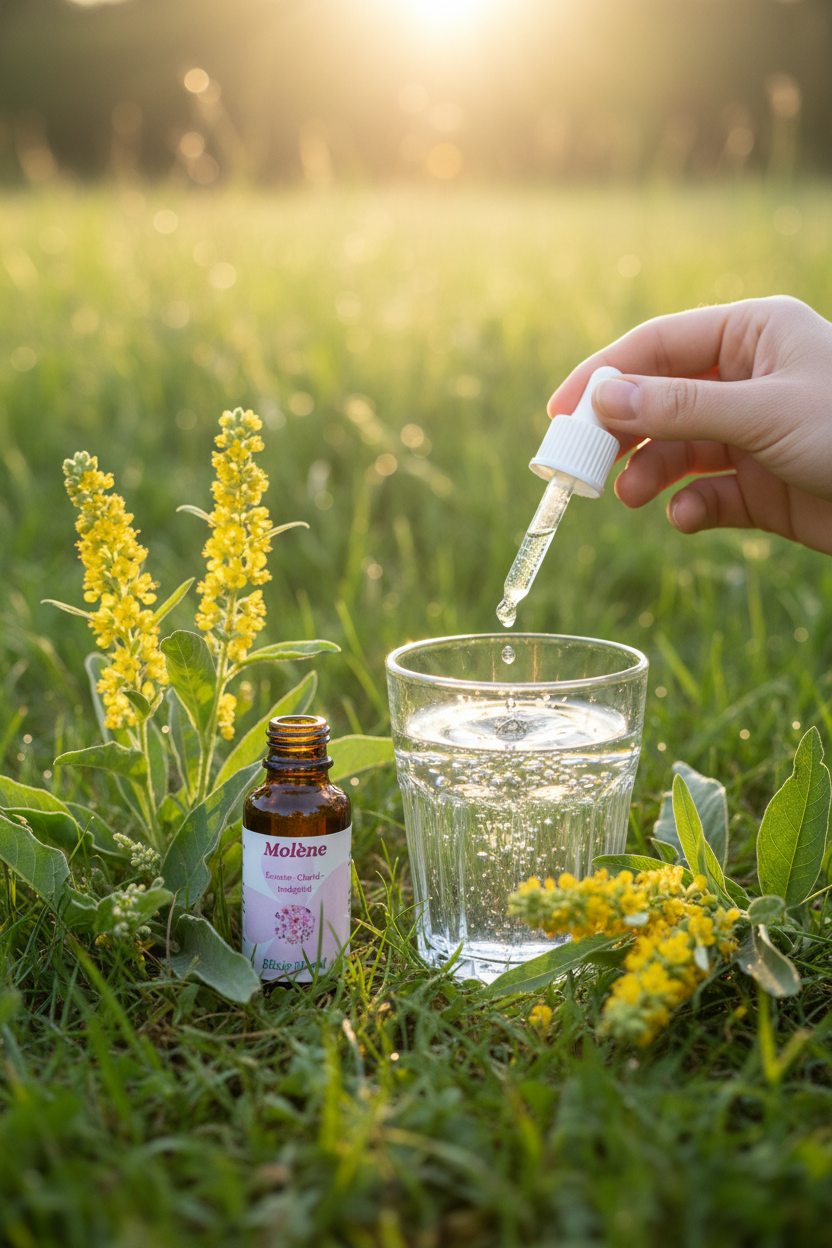 Élixir Floral de Molène – gouttes dans un verre d'eau en prairie
