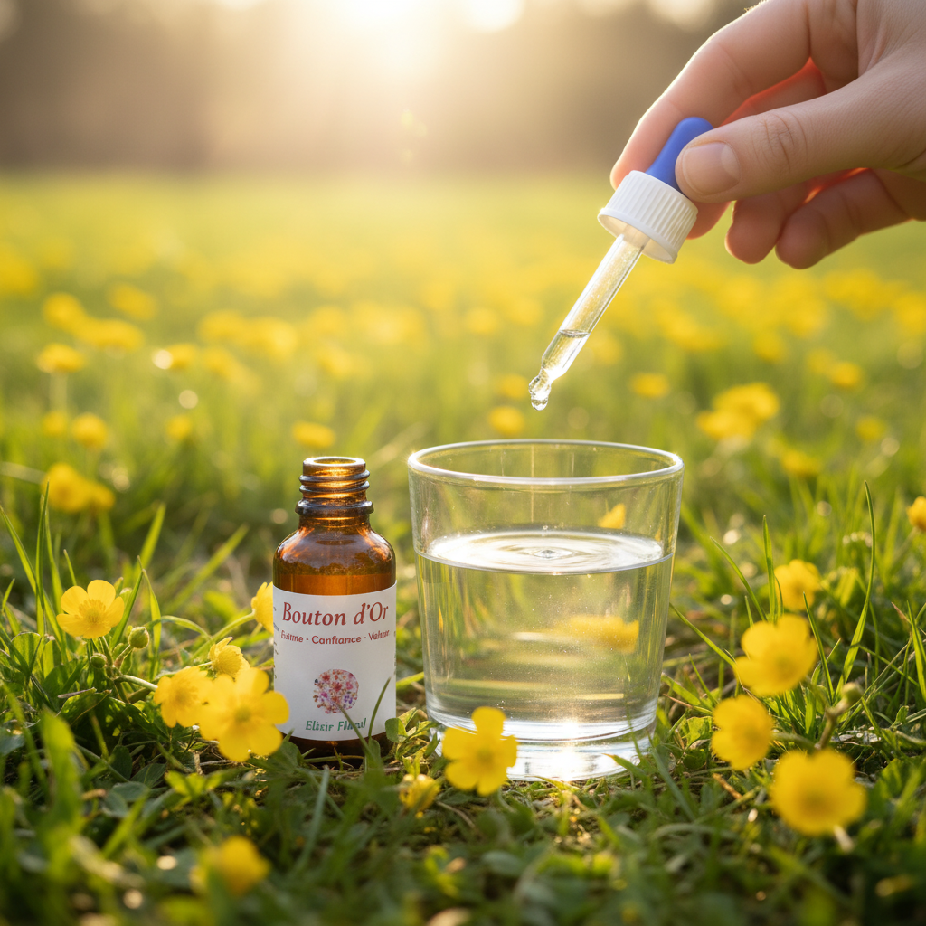 Élixir Floral de Bouton d'Or – utilisation pipette au-dessus d'un verre d'eau