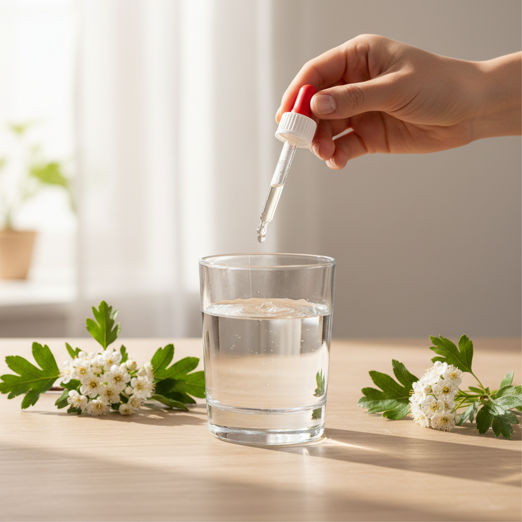 Utilisation de l'Aubépine Gemmothérapie BIO — gouttes dans un verre d'eau