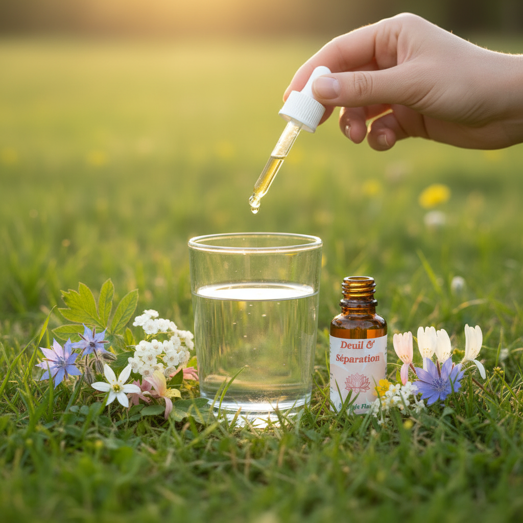 Utilisation Deuil & Séparation – pipette dans un verre d’eau dans la prairie – Arom’Elia