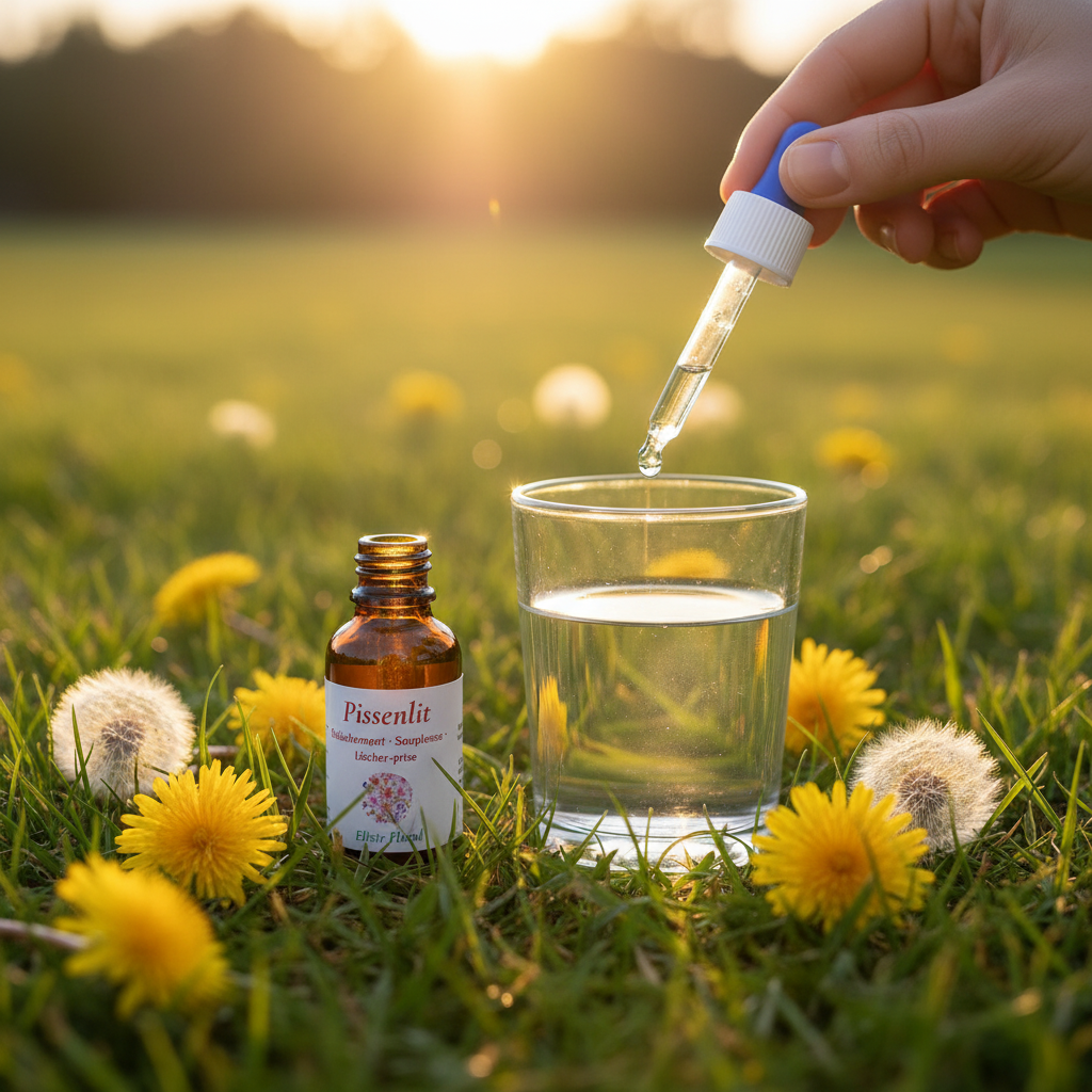 Élixir Floral de Pissenlit – utilisation pipette au-dessus d'un verre d'eau