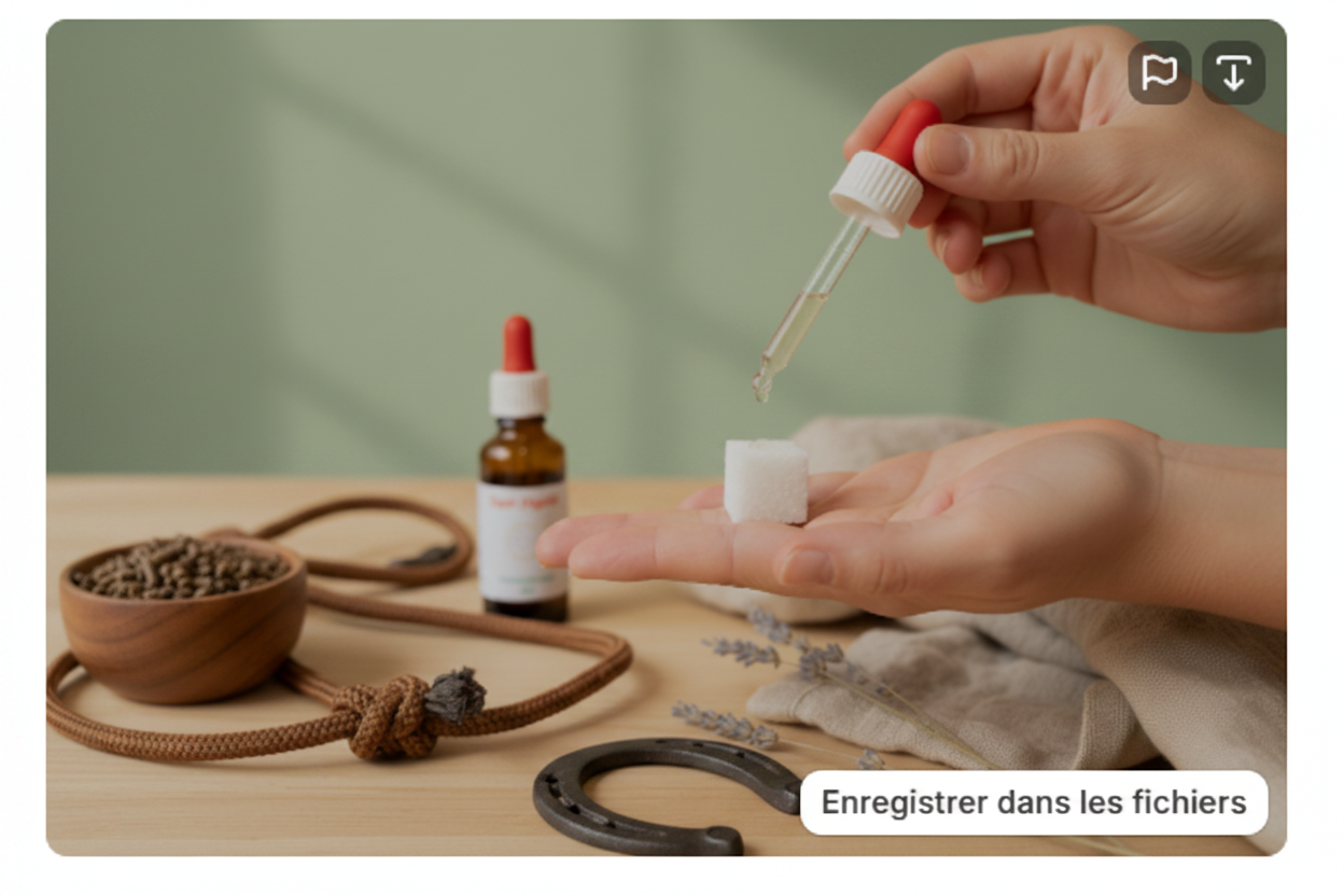 Equi-Derm – Utilisation : gouttes sur sucre, ration, fer à cheval, licol, fond vert sauge