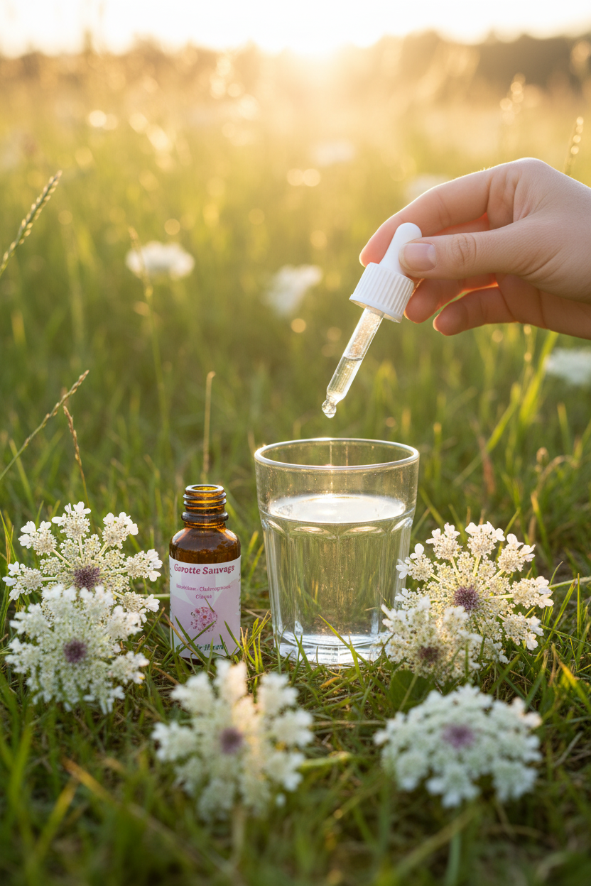 Élixir Floral de Carotte Sauvage – gouttes dans un verre d'eau en prairie