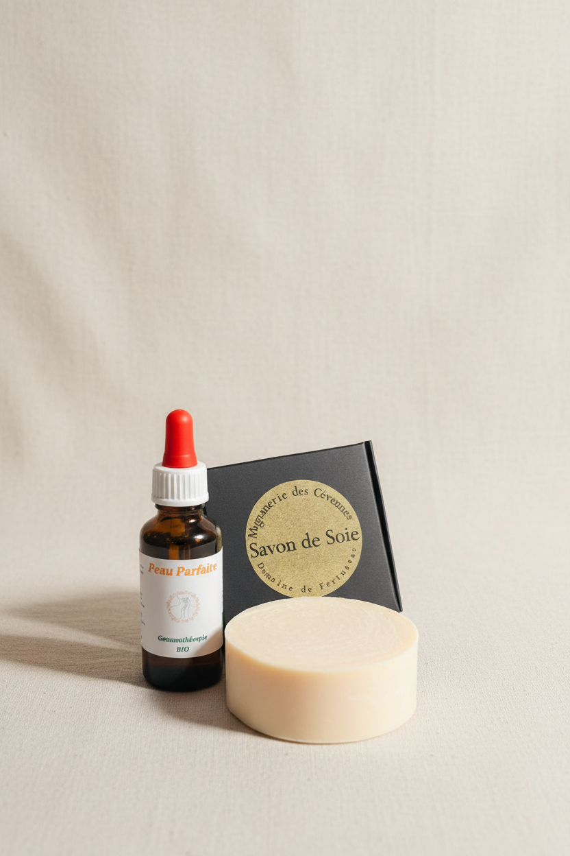 Pack Peau Parfaite gemmothérapie bio – Flacon 30ml macérat de bourgeons et savon de soie artisanal Cévennes