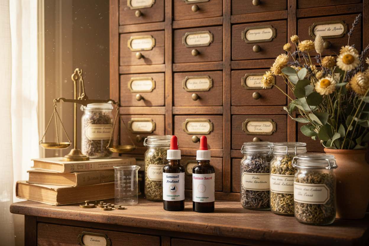 Collection Gemmothérapie – Toutes nos synergies - Macérats de bourgeons bio artisanaux dans ambiance apothicaire vintage avec meuble ancien