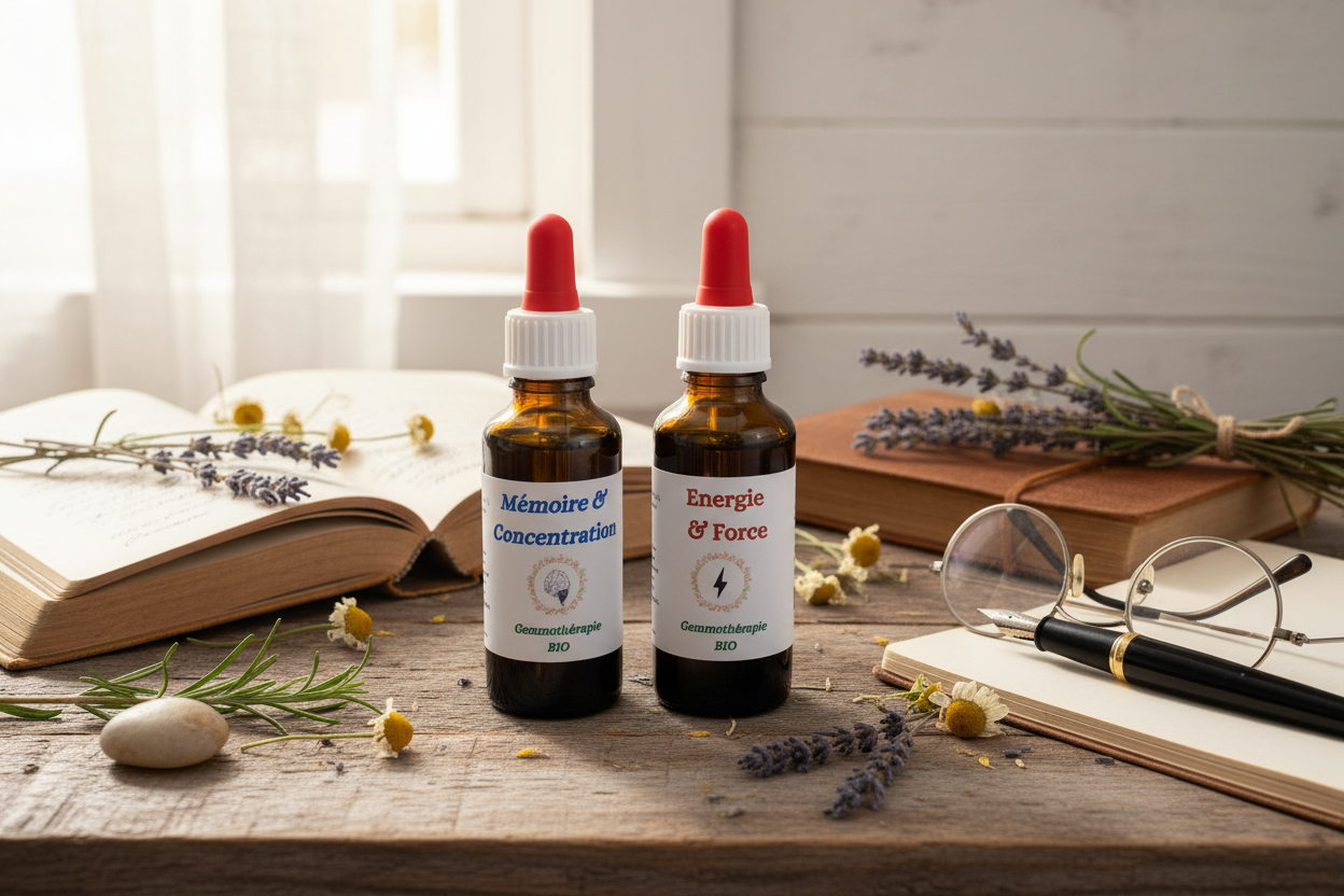 Collection Énergie & Concentration - Gemmothérapie Bio Mémoire & Concentration, Energie & Force, Mi-Graine - Macérats de bourgeons pour la vitalité et la clarté mentale