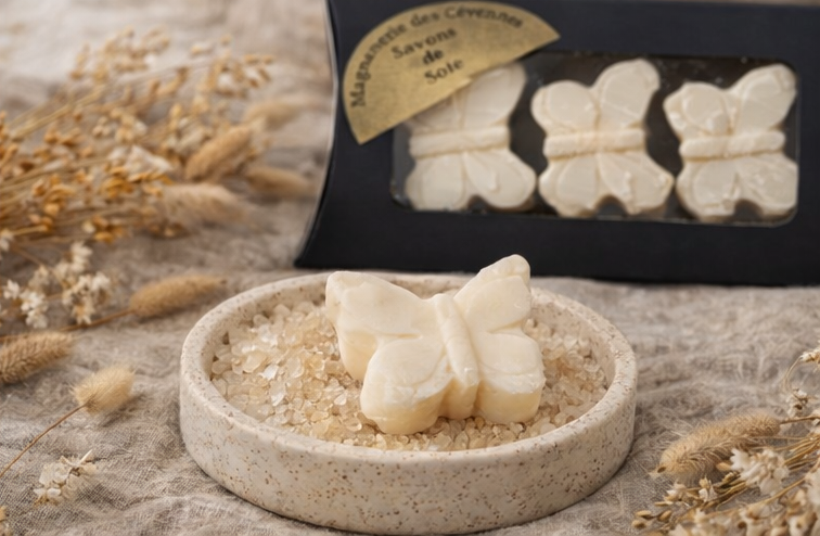 Coffret 3 savons papillon de soie artisanaux avec éponge loofah et fleurs séchées – Cévennes
