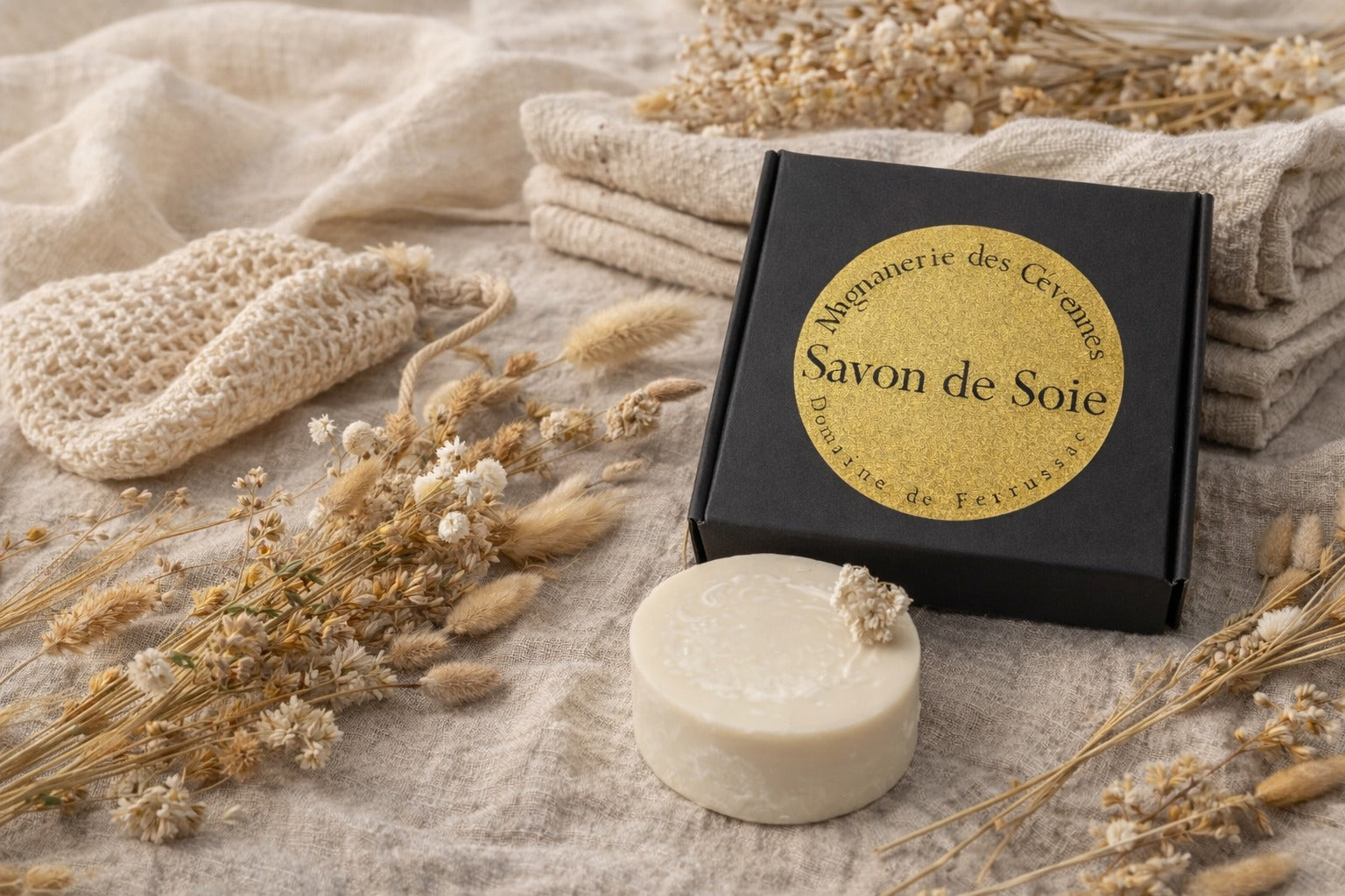 Savon de soie artisanal 100g dans sa boîte noire – Cadeau bien-être naturel 
