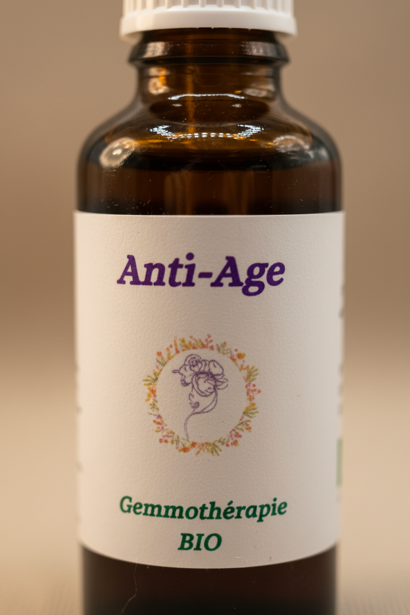 Détail étiquette artisanale gemmothérapie Anti-Age bio – Macérat de bourgeons certifié
