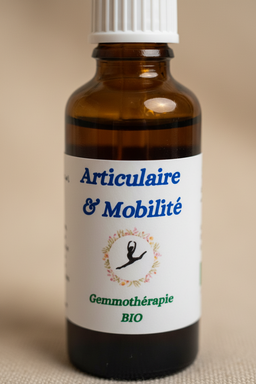 Détail étiquette artisanale gemmothérapie Articulaire & Mobilité bio – Macérat de bourgeons certifié
