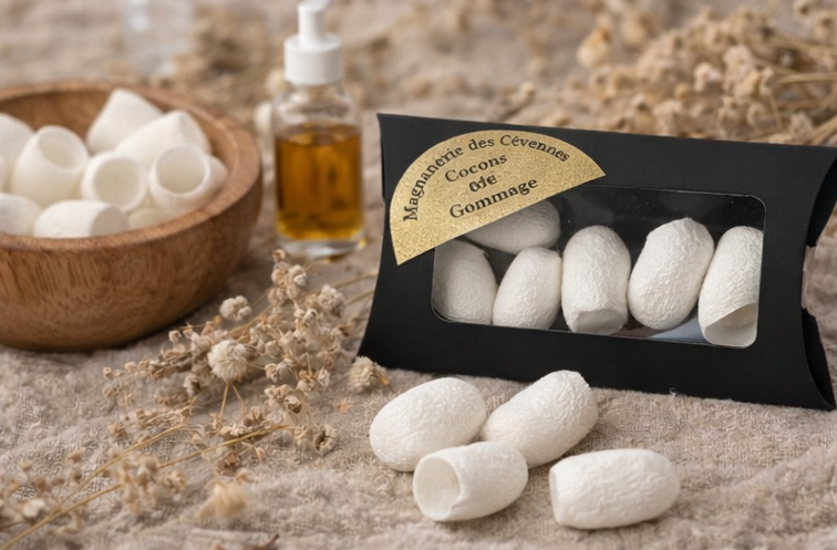 Cocons de gommage soie naturelle avec bol et huile – Rituel exfoliant artisanal Cévennes
