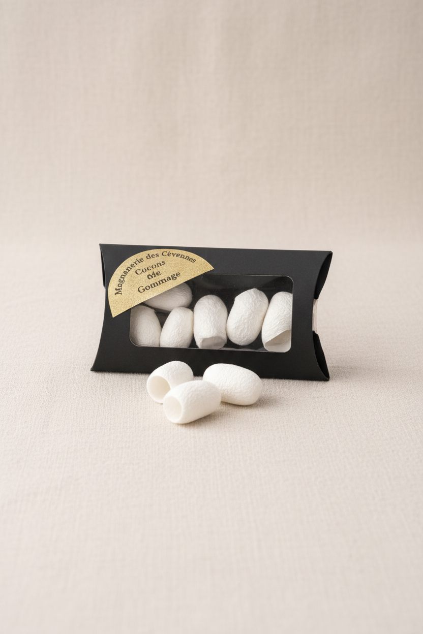 Cocons de gommage soie naturelle des Cévennes – Coffret exfoliant doux artisanal
