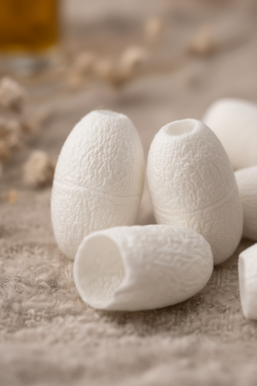 Détail cocons de gommage soie naturelle – Texture délicate et fibres artisanales Cévennes
