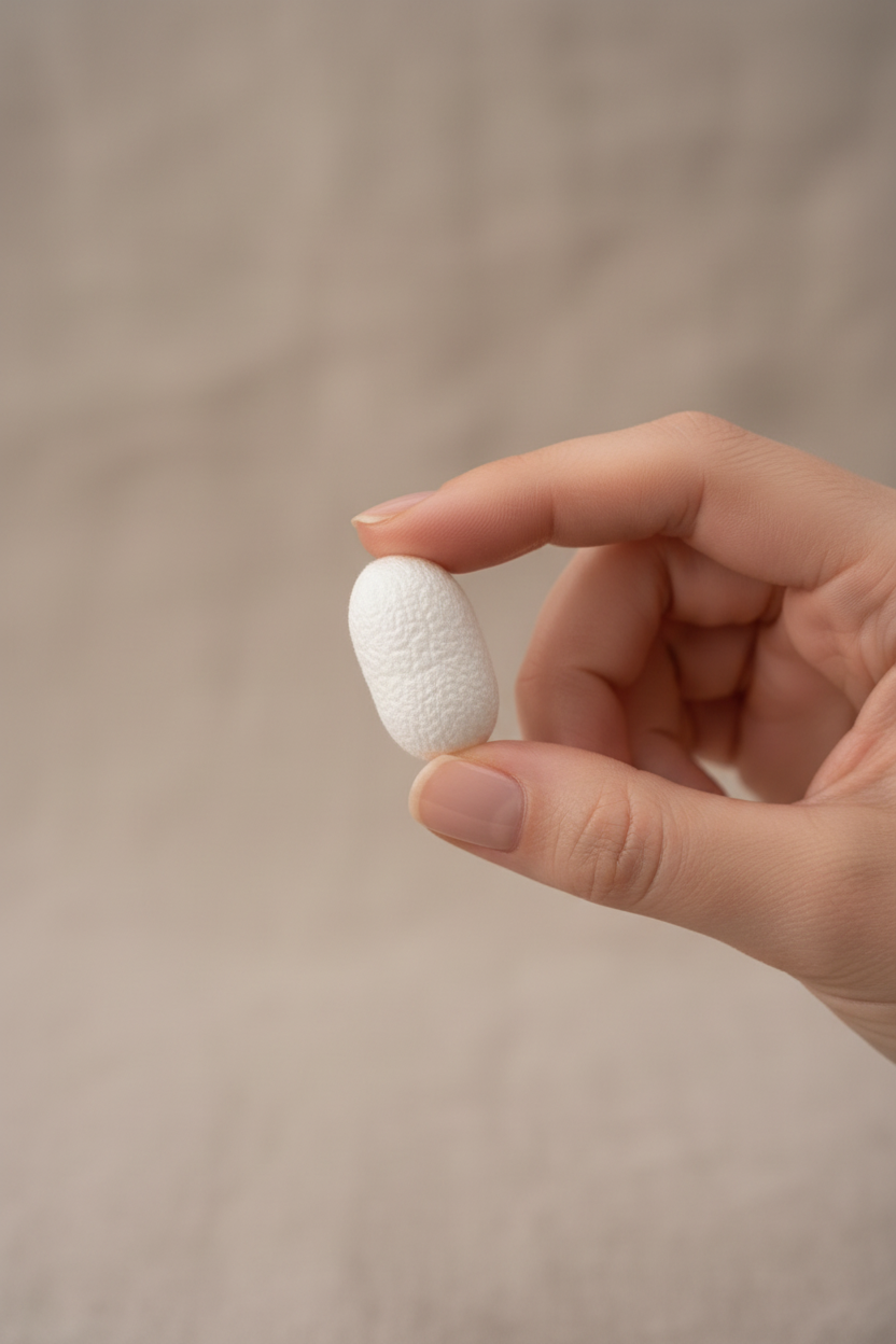 Cocon de gommage soie naturelle – Format et taille réelle artisanal Cévennes
