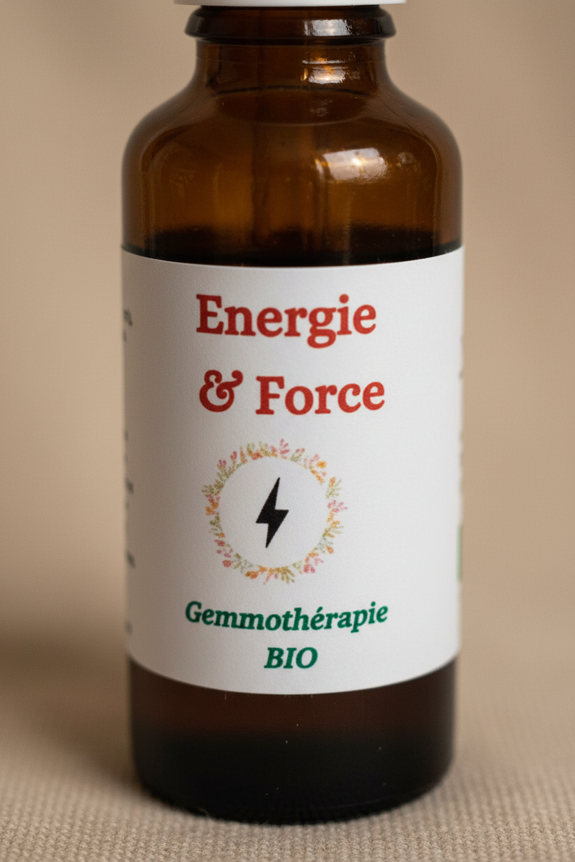 Détail étiquette artisanale gemmothérapie Energie & Force bio – Macérat de bourgeons certifié
