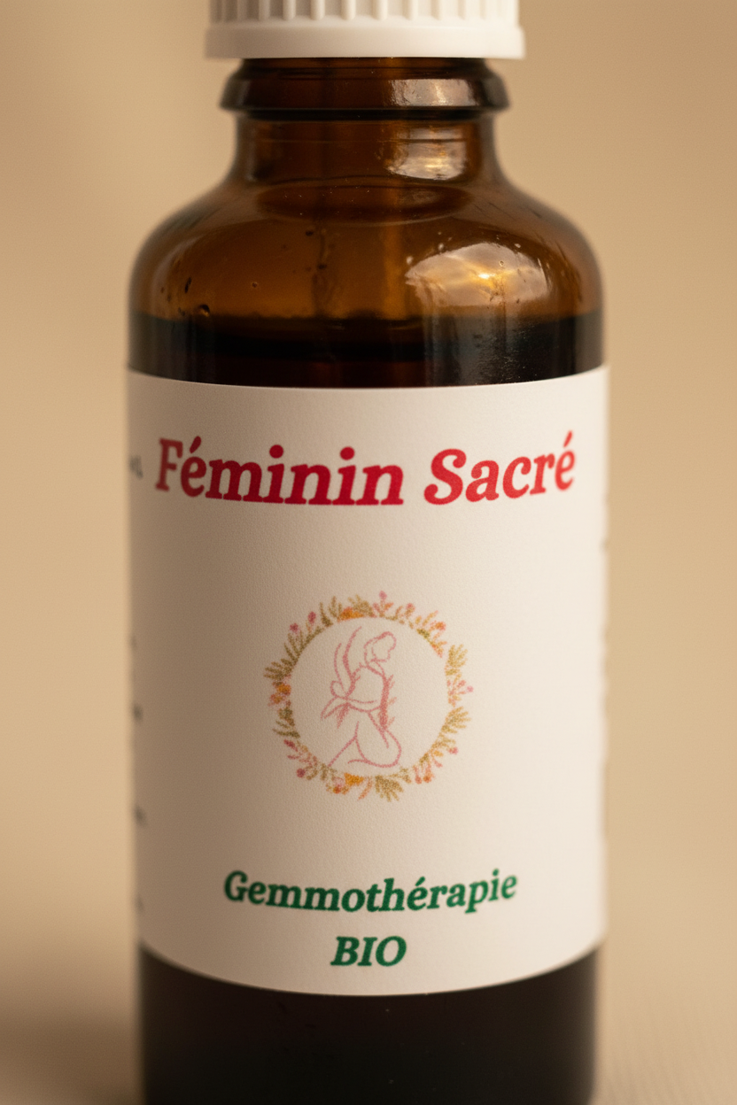 Détail étiquette artisanale gemmothérapie Féminin Sacré bio – Macérat de bourgeons certifié
