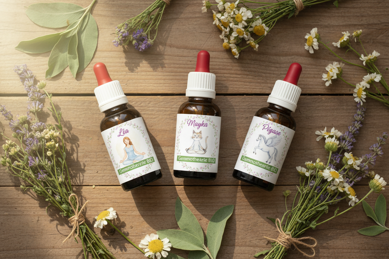 Synergie Personnalisée Bio - Gemmothérapie sur mesure avec fioles personnalisées Léa, Mayka et Pégase - Macérats de bourgeons artisanaux Cévennes
