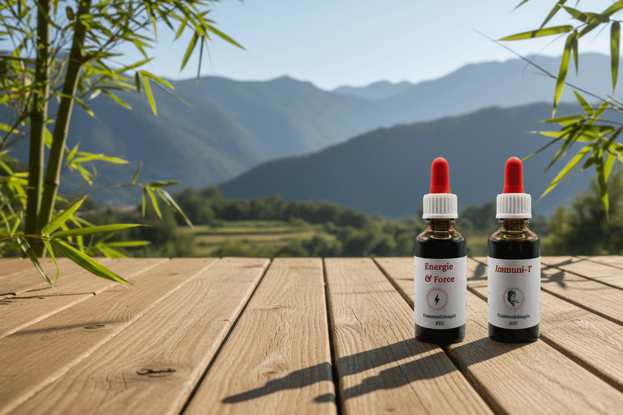 Paysage des Cévennes avec flacons de gemmothérapie bio Arom'Elia sur terrasse en bois
