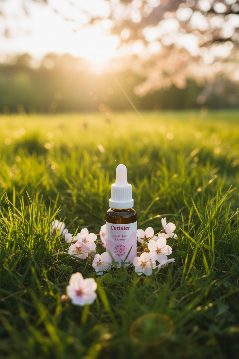 Élixir Floral de Cerisier – fiole seule dans la prairie