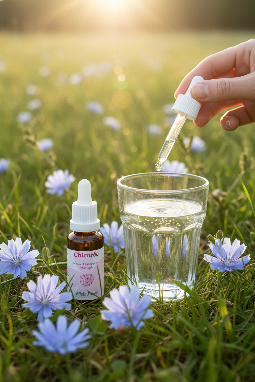 Élixir Floral de Chicorée – gouttes dans un verre d'eau en prairie