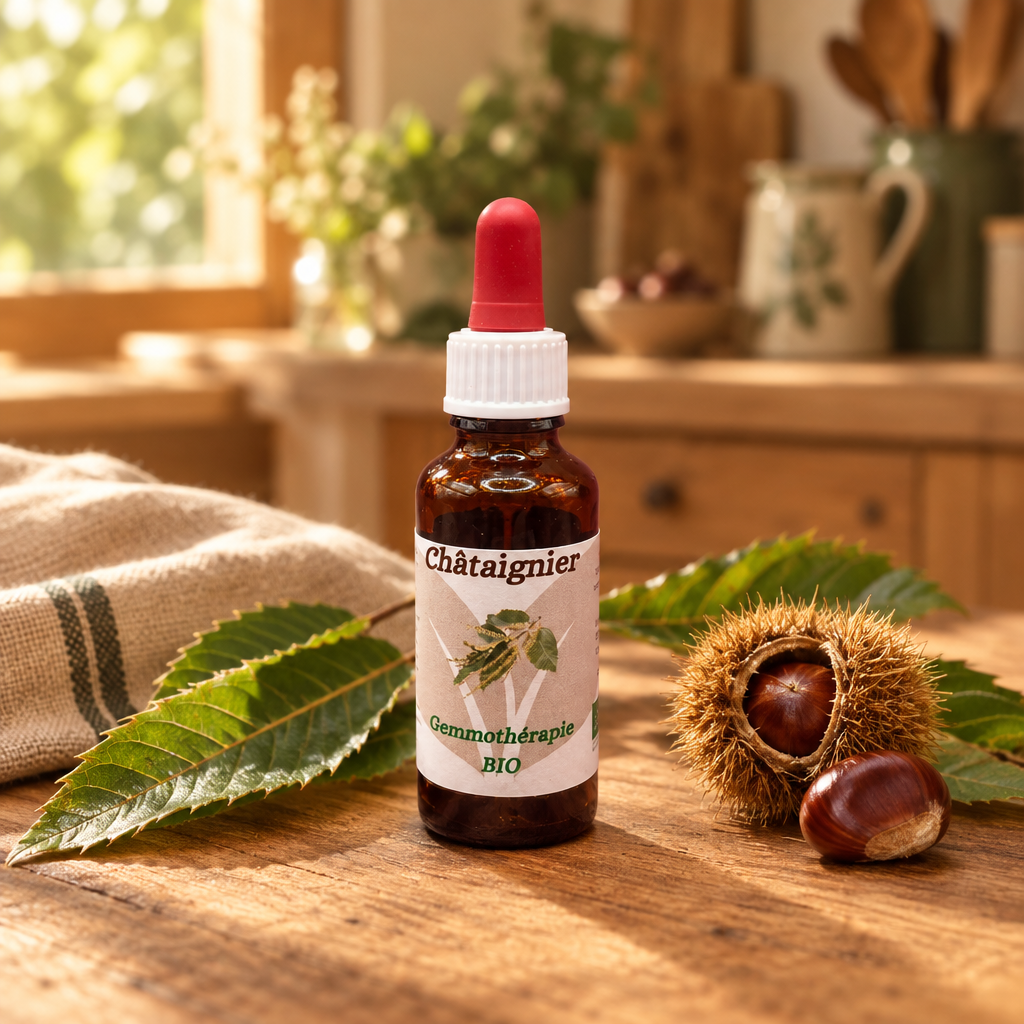 Fiole fermée de Châtaignier en gemmothérapie BIO, avec feuilles et bogue de châtaigne sur une table en bois naturel