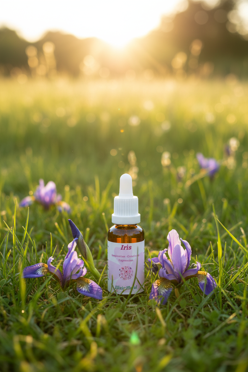 Élixir Floral d'Iris – fiole seule dans la prairie
