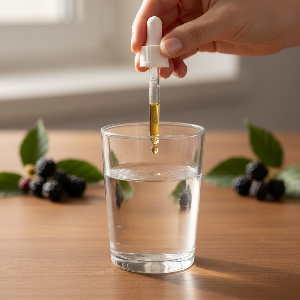 Utilisation Ronce Gemmothérapie BIO — pipette au-dessus d’un verre d’eau