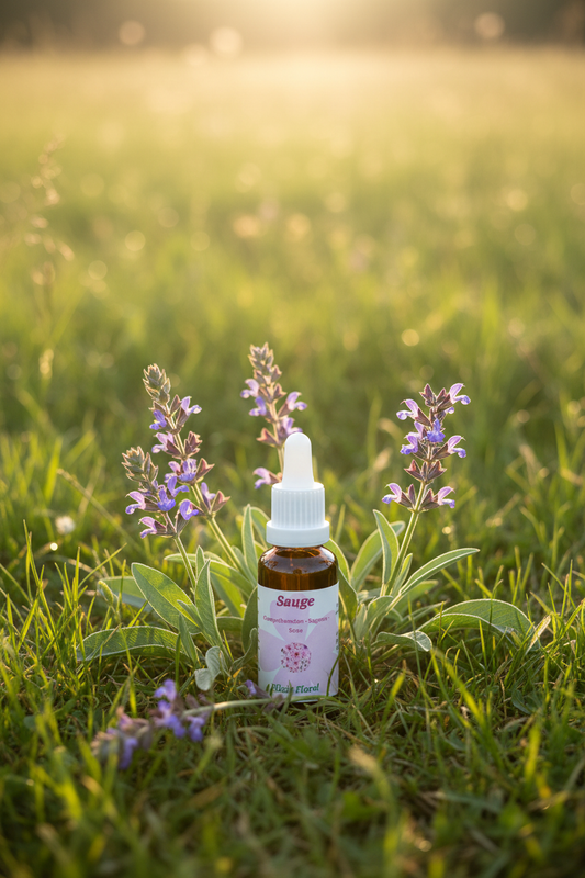 Élixir Floral de Sauge – fiole seule dans la prairie