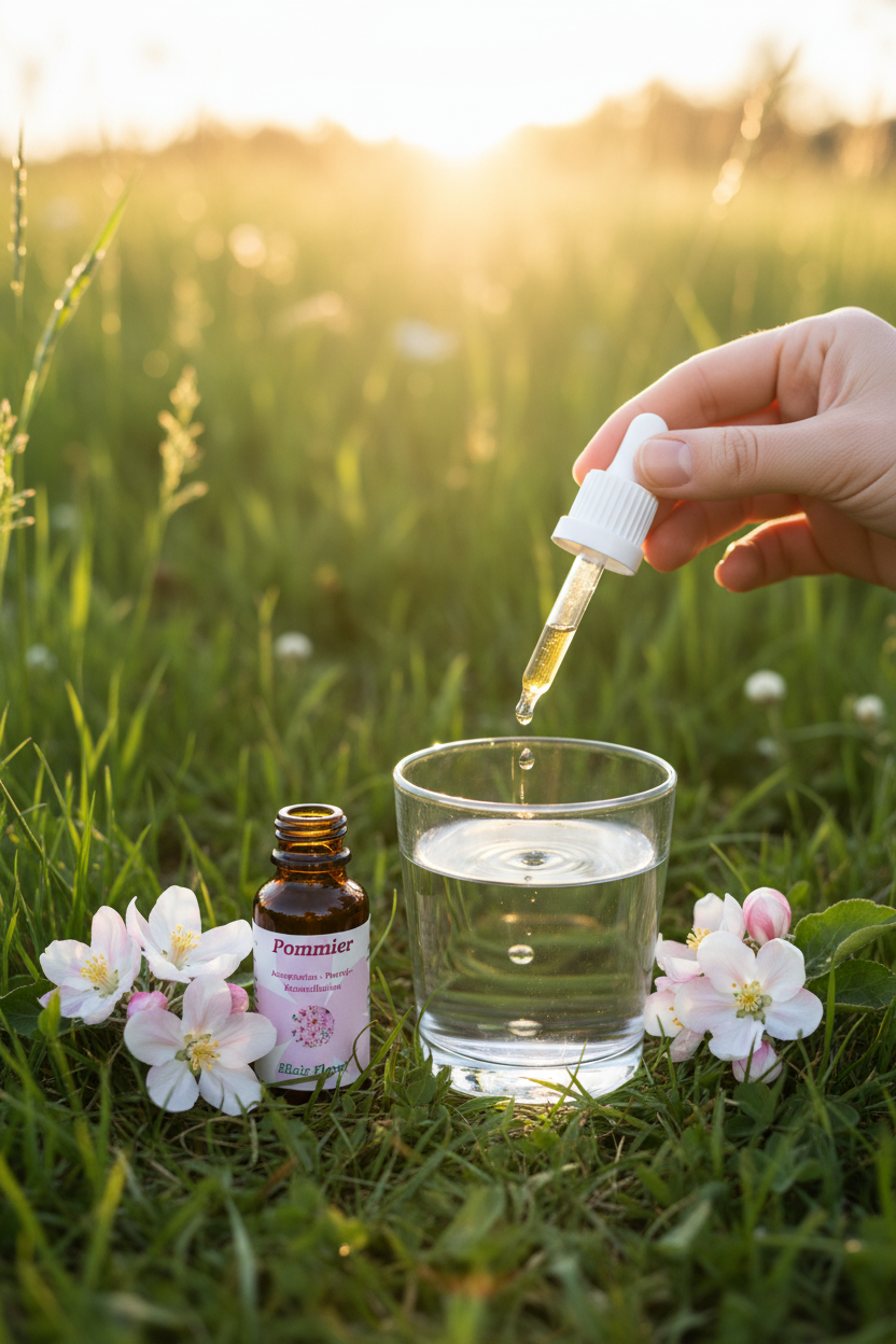 Élixir Floral de Pommier Sauvage – gouttes dans un verre d'eau en prairie