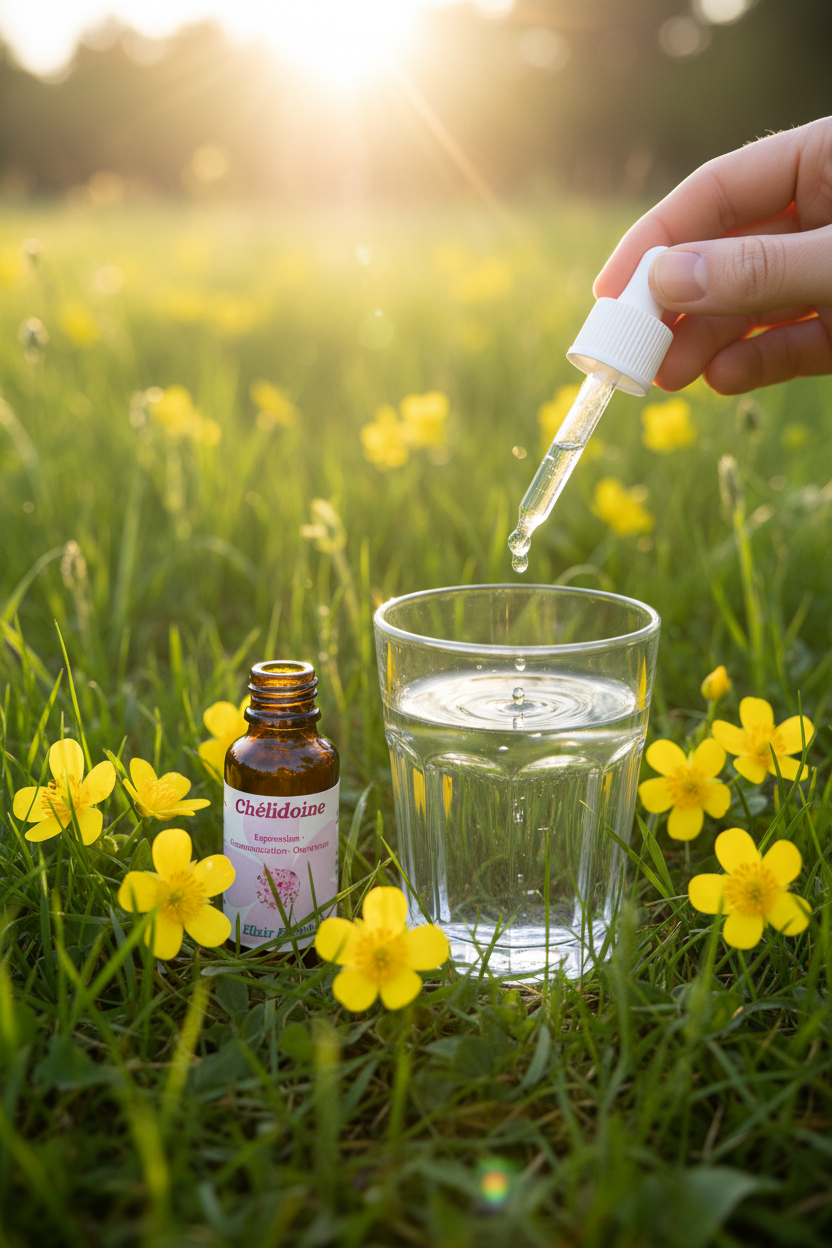 Élixir Floral de Chélidoine – gouttes dans un verre d'eau en prairie