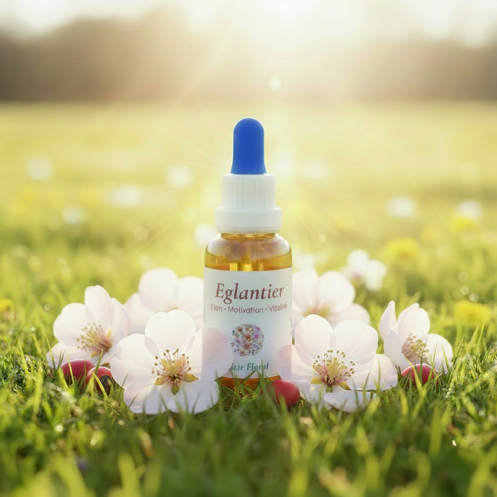 Flacon élixir floral d'Églantier dans une prairie avec fleurs roses – Arom'Elia