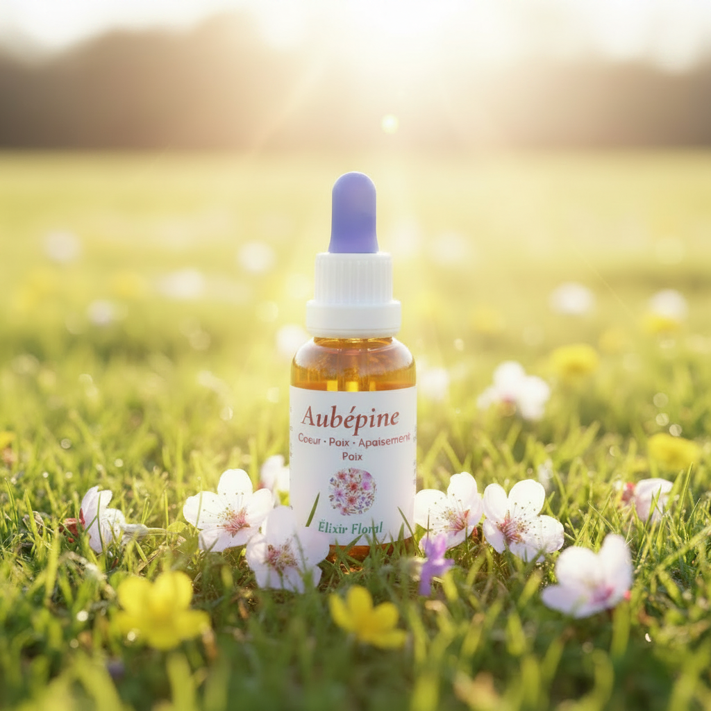 Flacon élixir floral d'Aubépine dans une prairie ensoleillée – Arom'Elia