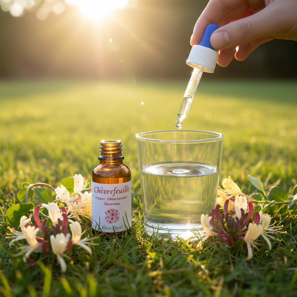 Élixir Floral de Chèvrefeuille – utilisation pipette au-dessus d'un verre d'eau