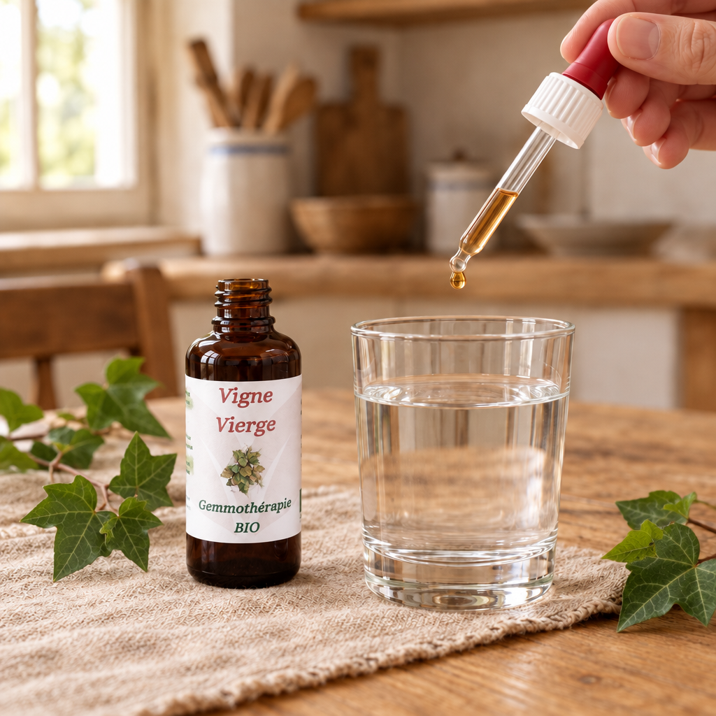 Main tenant une pipette de Vigne vierge inclinée à 45 degrés au-dessus d’un verre d’eau, avec quelques feuilles de vigne discrètes et une étiquette blanche