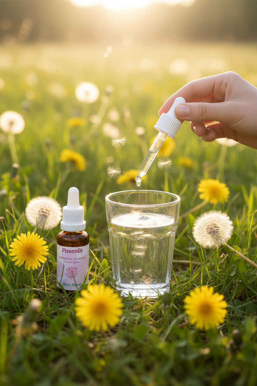 Élixir Floral de Pissenlit – gouttes dans un verre d'eau en prairie