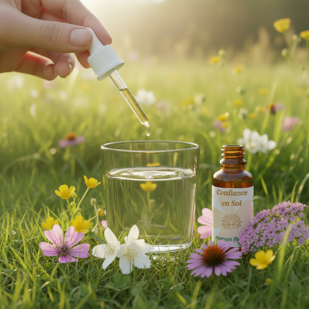 Utilisation Confiance en Soi – pipette dans un verre d’eau dans la prairie – Arom’Elia
