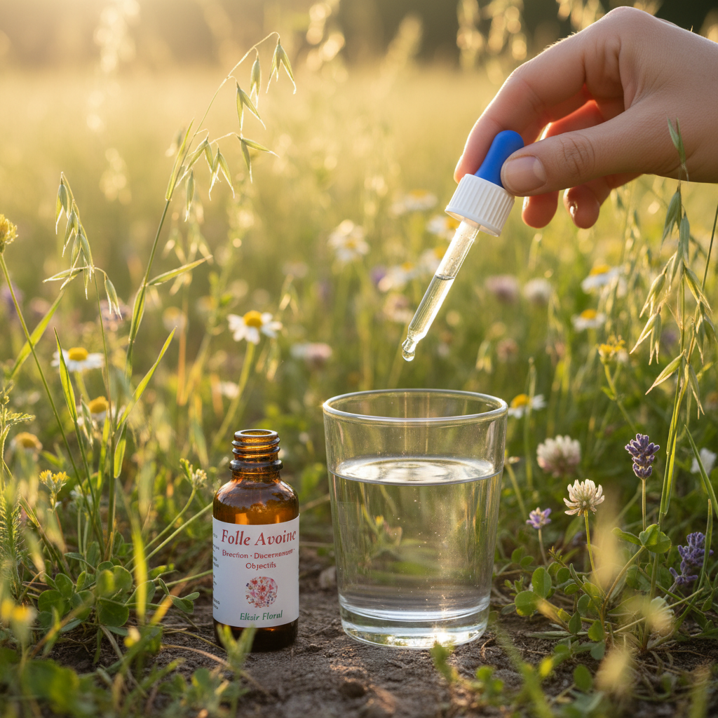 Élixir Floral de Folle Avoine – utilisation pipette au-dessus d'un verre d'eau