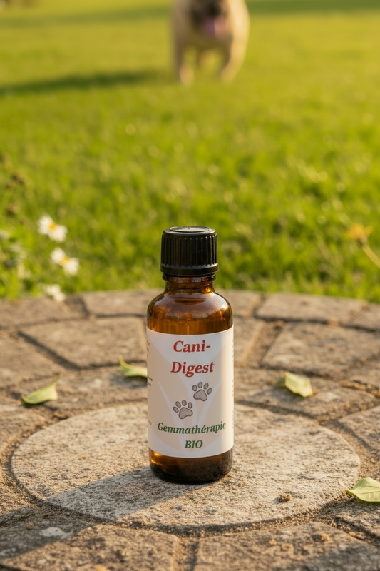 Cani-Digest fiole zoomée centrée bouledogue français en fond flouté