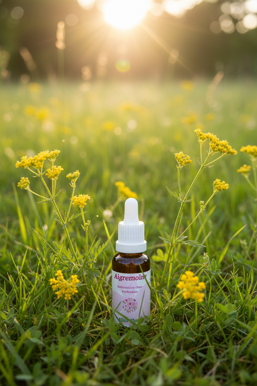 Élixir Floral d'Aigremoine – fiole seule dans la prairie