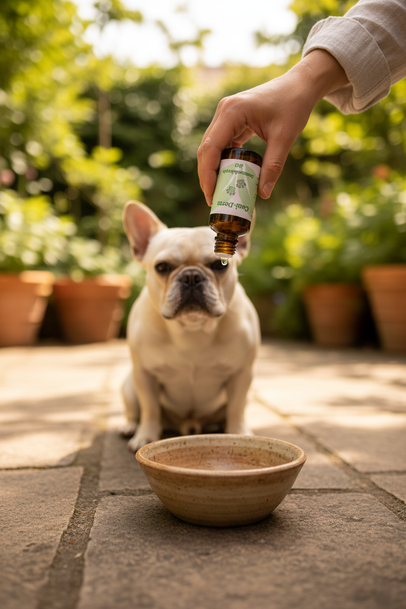 Cani-Derm main versant une goutte dans la gamelle avec bouledogue français qui attend