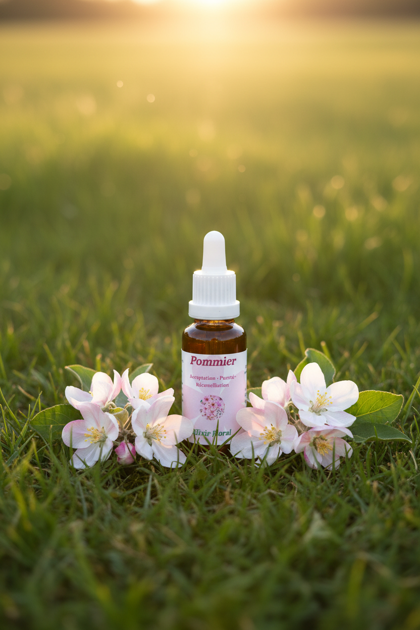 Élixir Floral de Pommier Sauvage – fiole seule dans la prairie