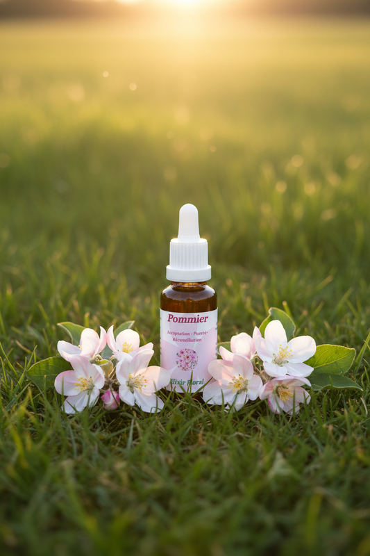 Élixir Floral de Pommier Sauvage – fiole seule dans la prairie